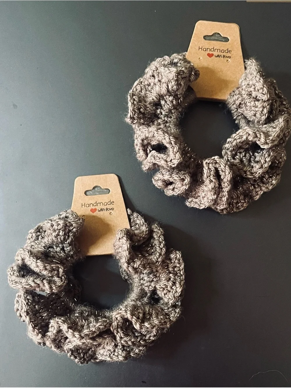 Set of 2 Extra Ruffle Crochet Hair Scrunchies Sparkling Brown - Handmade NIP